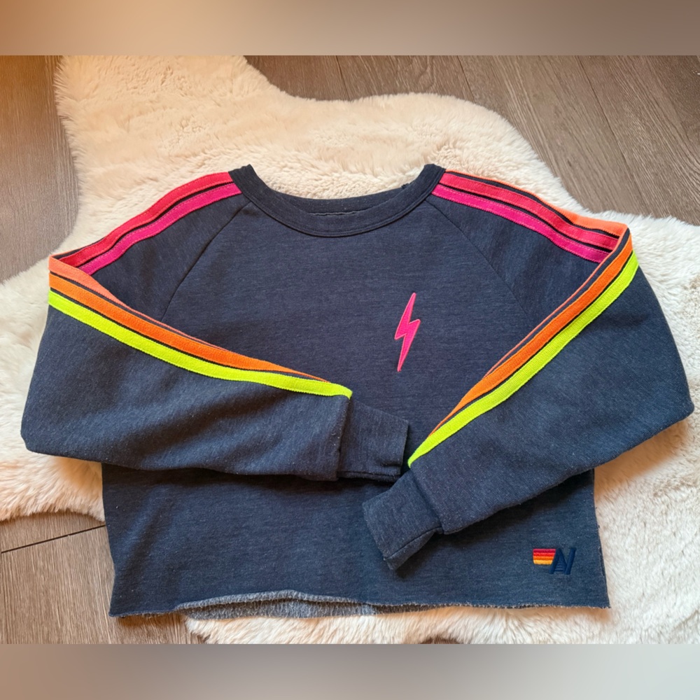 Aviator Nation Women’s Charcoal Sweatshirt with Neon Stripes 5 stripe crop xs